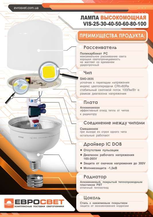 Лампа светодиодная высокомощная ЕВРОСВЕТ 60Вт 6400К (VIS-60-E27)