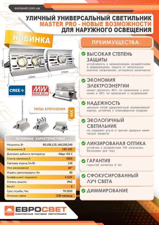 Светильник светодиодный универсальный ЕВРОСВЕТ MASTER PRO 80Вт 11200Лм IP65
